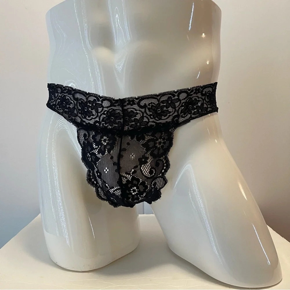Mens Thong Lace Black Medium Floral Sheer New With Tags
